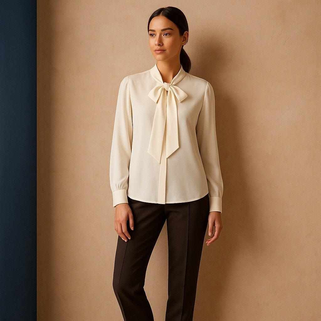 Adult woman styling an ivory bow-neck blouse with espresso trousers