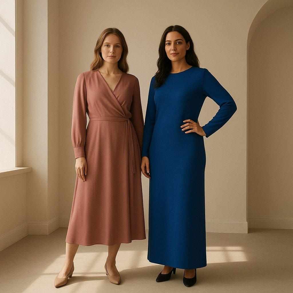 Two adult women wearing complete rose midi and cobalt maxi dress silhouettes