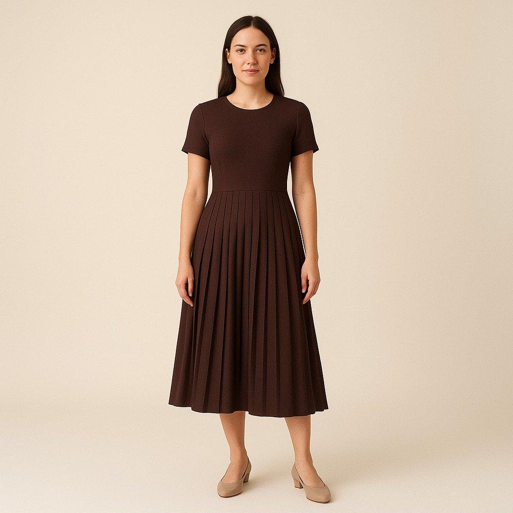 Espresso Pleated Dress — full garment fashion illustration