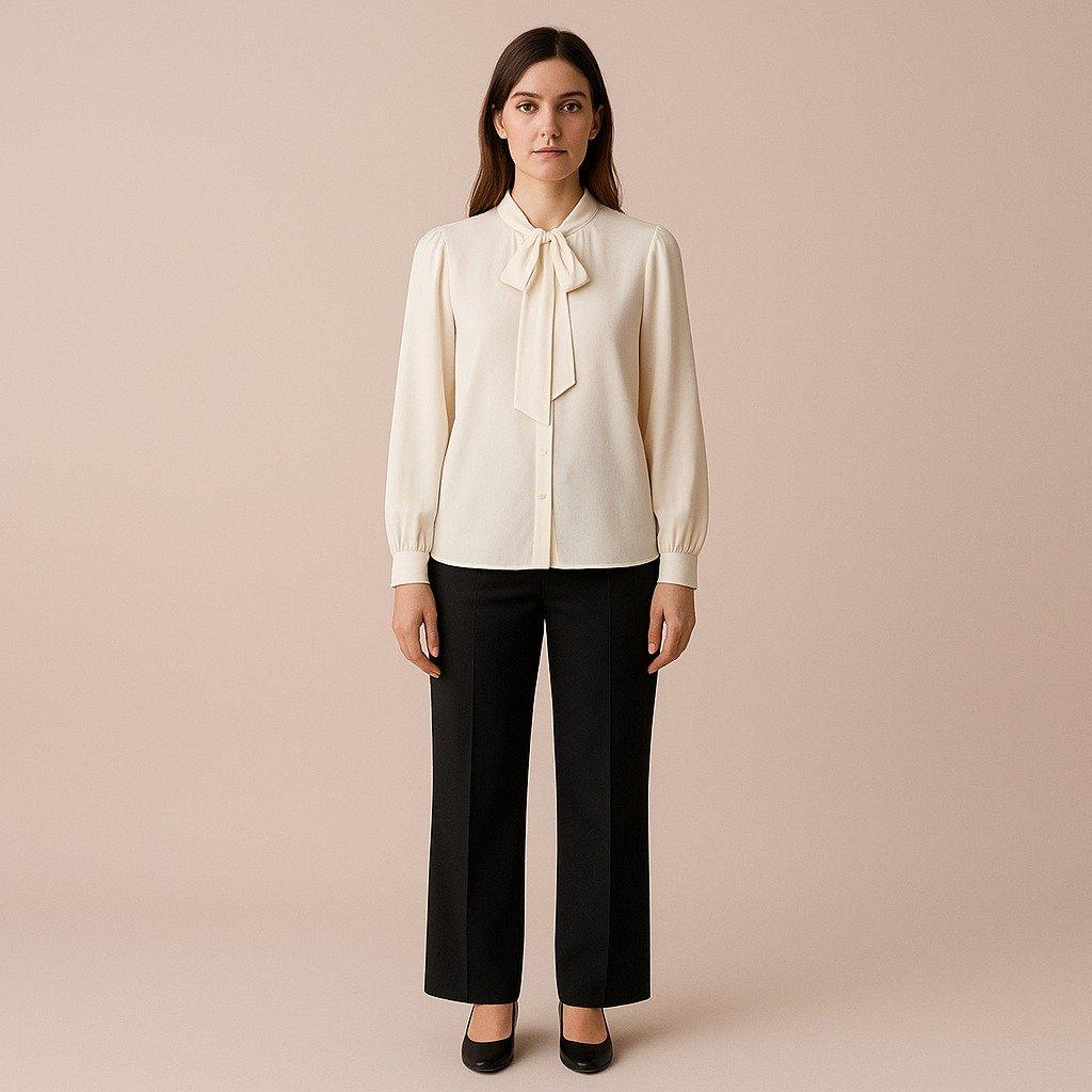 Ivory bow-neck blouse, complete neckline and cuffs