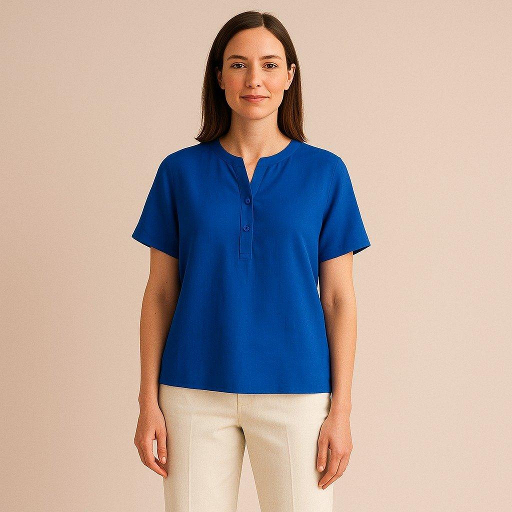 Cobalt Collarless Blouse — full garment fashion illustration