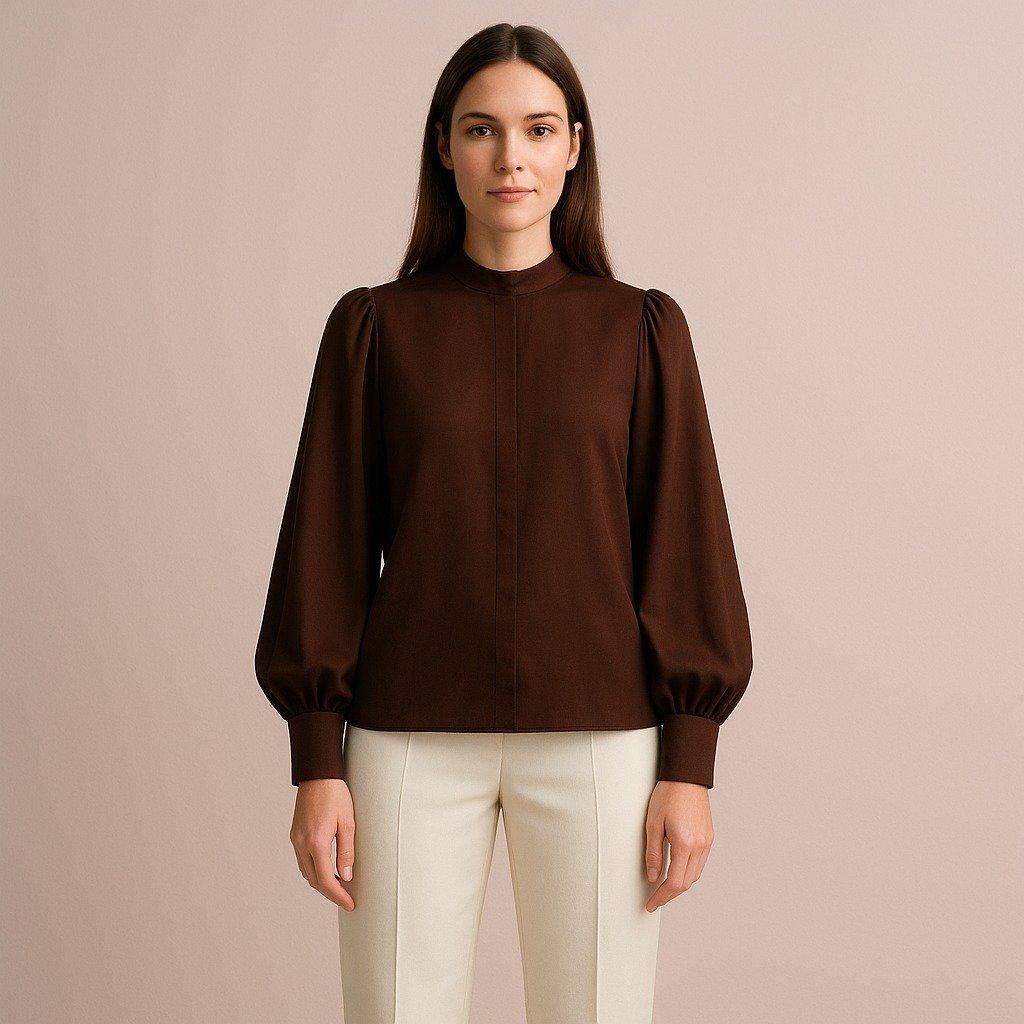Espresso balloon sleeve blouse with full cuffs and hem